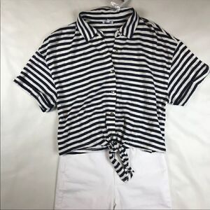 Splendid-Navy & White Stripe tie front shirt